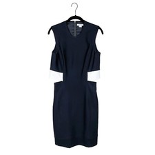 Helmut Lang Dress 2 Black Crew Neck Sleeveless White Leather Trim Cutout Sheath