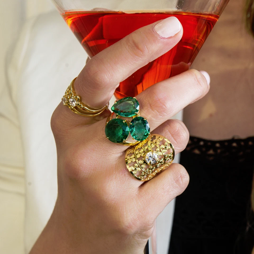 Yellow Gold Filled Ring with Green Cubic Zirconia, Cocktail Jewelry for Women - Image 3 of 4