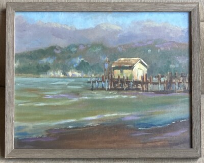 Framed Original Oil Painting Canvas Panel Signed Dock House Scene on the Water
