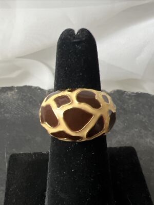VINTAGE JOAN RIVERS DOMED RING GOLD TONE ENAMEL LEOPARD ANIMAL SPOTS PRINT 6