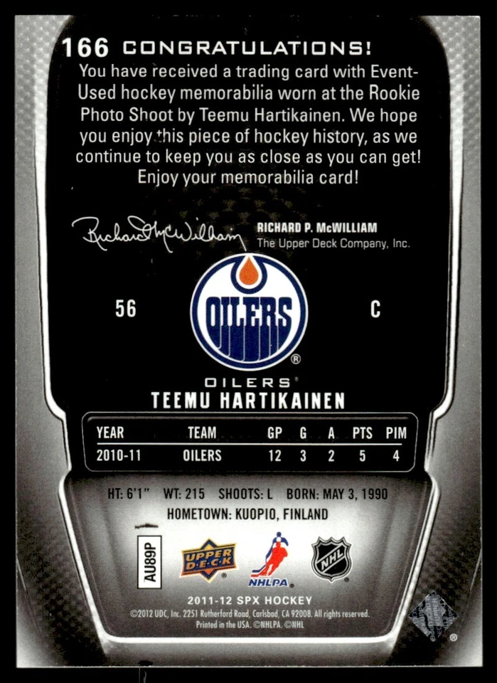 2011-12 SPX ROOKIE JERSEY Teemu Hartikainen Rookie 574/799 Edmonton Oilers #166 - Image 2 of 2