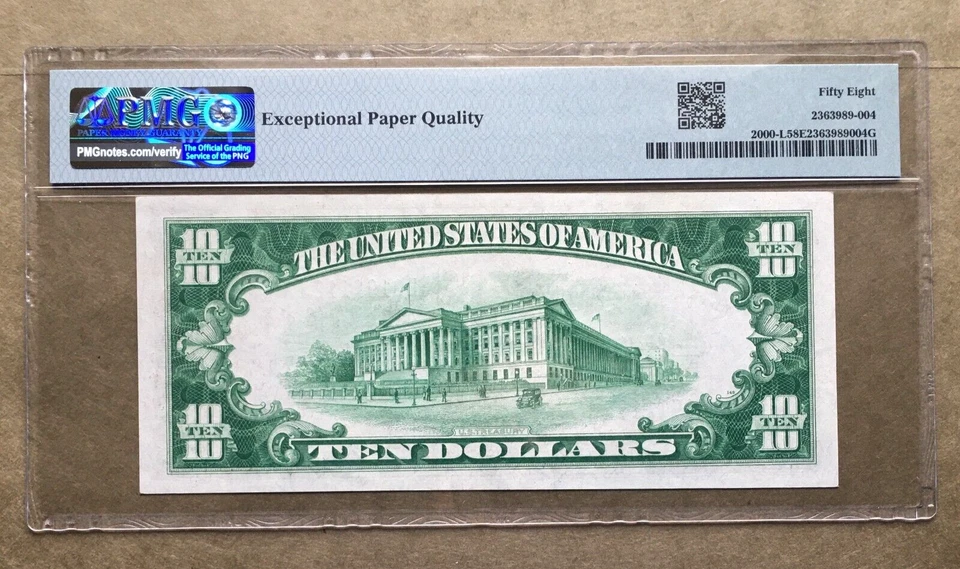 1928 $10 FRN   SAN FRANCISCO   PMG 58 EPQ   NUMERIC 12 SEAL Ser# L 01911125 A - Image 2 of 3