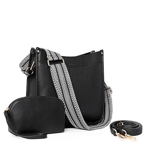 Vegen Leather Crossbody Bags For Women Trendy 2Pcs Hobo Handbag A1-black