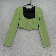 Zara Crop Top Womens XS Houndstooth Green Blouse Corset Style Square Neck