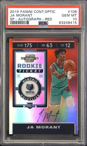 2019 PANINI CONTENDERS OPTIC SP-AUTO-RED #106 JA MORANT ROOKIE /149 PSA 10