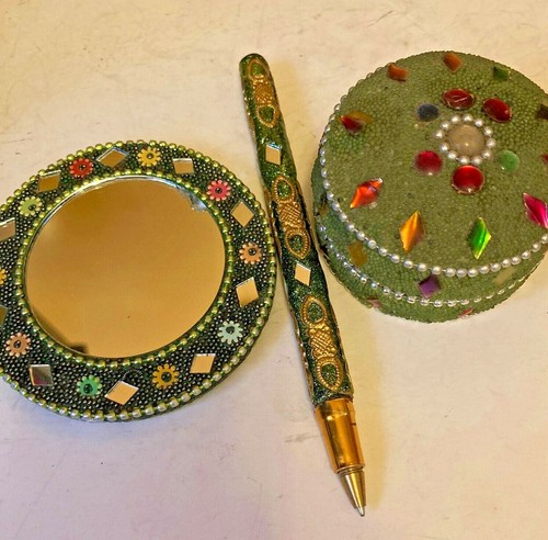 Jewelled Green Mirror,  Pen & Trinket Box Set FROM INDIA  3''W  3 pieces