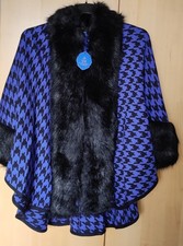 Alfredo Pauly Damen Cape Hahnentritt-Muster blau mit Webpelz Manschetten onesize