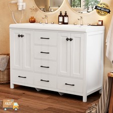 47" Bathroom Vanity Double Sink Ceramic Freestanding Cabinet White With Drawer