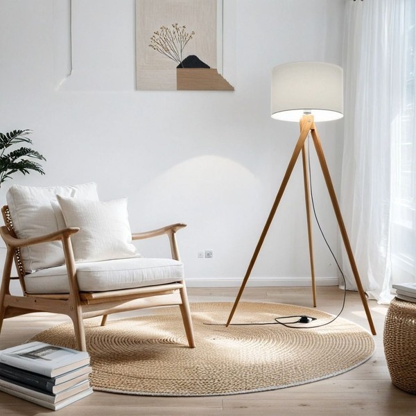 Stehlampe Dreibein 140 Cm FußSchalter Stoff Holz Wohnzimmer Stehleuchte Gegania-image