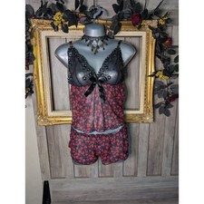 Y2K Heart Mesh Lace Cami  Shorts Set Coquette Lingerie Goth Babydoll Size M
