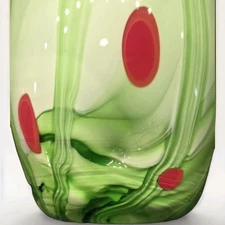 Vtg 1970s Vase Moser Czech Art Glass Green Swirl Red Dots Cased Glass 7x4.5"