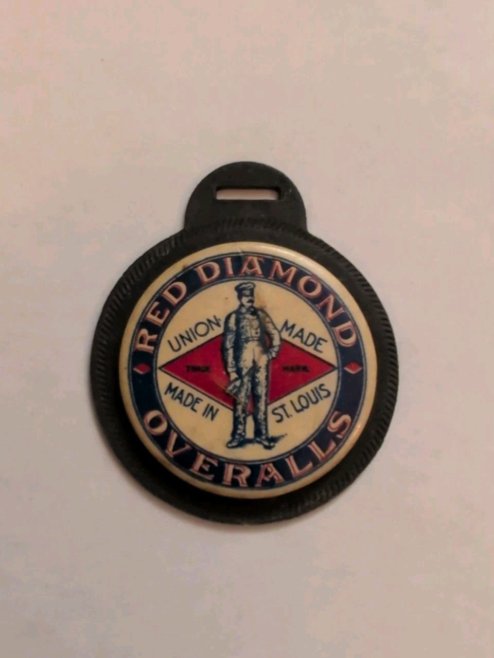 Vintage Red Diamond Overalls St. Louis Advertising Celluloid Watch Fob