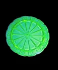 Vtg Uranium Glass Cake Plate Green Vaseline Footed Scalloped Fleur de Lis GLOWS!