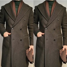 Brown 100 Cashmere Men's Overcoat Peak Lapel Double Breasted Warm Long Jackets