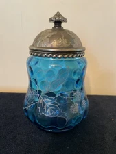 Antique Victorian Blue Enameled Coin spot Glass Pickle Jar  Silver plated Lid
