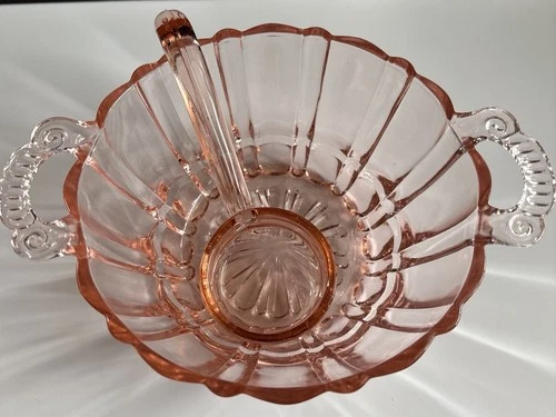 Vintage Pink Depression Glass Sugar Bowl With Ladle Scalloped 1930s