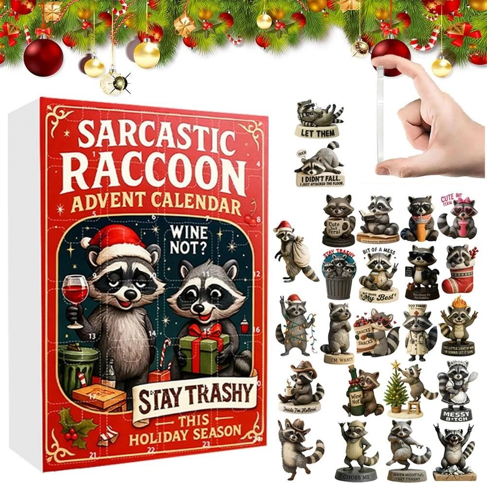 Sarcastic Raccoon Advent Calendar 2025, 24 Days Christmas Flat 2D