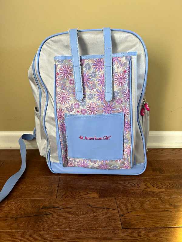 American Girl Floral Backpack Silver Blue Pink Purple Zip Outer Pockets