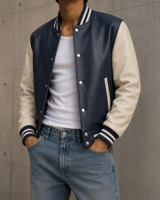 Men's Navy Blue & Cream Varsity Jacket   Premium Real Leather Letterman Jacket