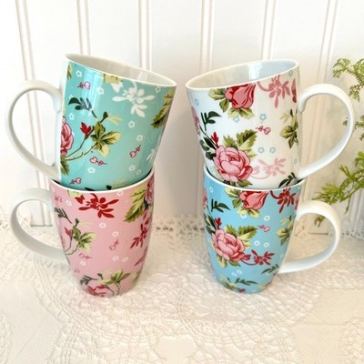 Charlton Home Weldy 4 Multicolor Floral Porcelain Mugs Rose Chintz Coffee Tea