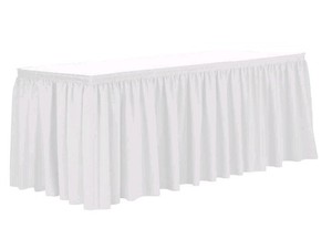 White Table Skirt 18ft x 29" Pleated Embossed Roses Wedding, Trade Shows, Loop