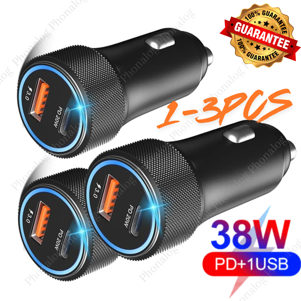 12V USB C Car Phone Fast Charger Plug 38W PD/QC USB A Adapter Cigarette Lighter