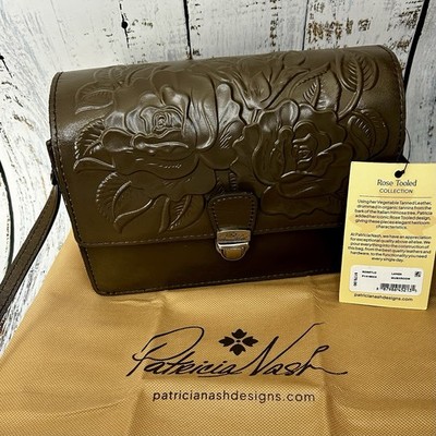 Patricia Nash Lanza MUSHROOM Rose Tooled Leather Crossbody Shoulder Bag NWT