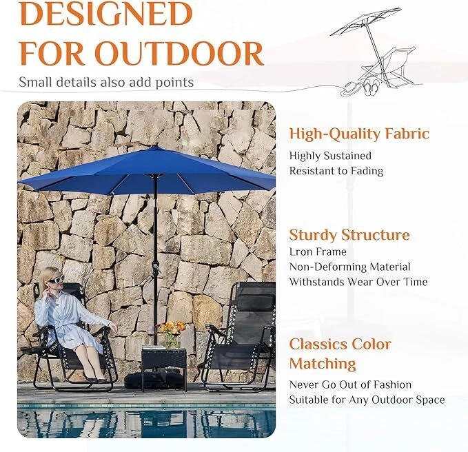 Guarda-chuva de piscina ao ar livre 9 pés com botão de inclinação e manivela 8 nervuras de estudo - Imagem 3 de 4