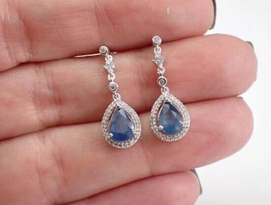 3Ct Pear Cut Lab Created Blue Sapphire 14k White Gold Plated 925 Dangle Earrings - Image 4 of 4