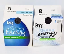 2 L'eggs SheerEnergy Control Top Medium Support Leg JET BLACK/ OFF BLACK Tight B