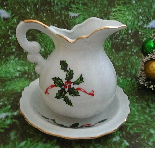 Lefton China Hand Painted Holly Berries Creamer & Saucer Tray Gold Rim & Accents