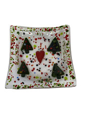 Fused Art Glass Dish Confetti Christmas Tree Heart Candy Bowl Trinket Dish