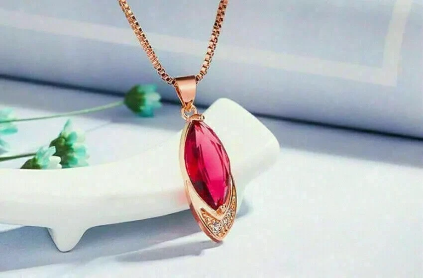 2Ct Marquise Lab Created Red Ruby Women's Gift Pendant 14K Rose Gold Plated 18" - Image 3 of 4