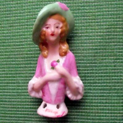Vintage Art Deco Dame Keramik Halbpuppe für Hut Pin Kissen Puffant Haar Mütze H