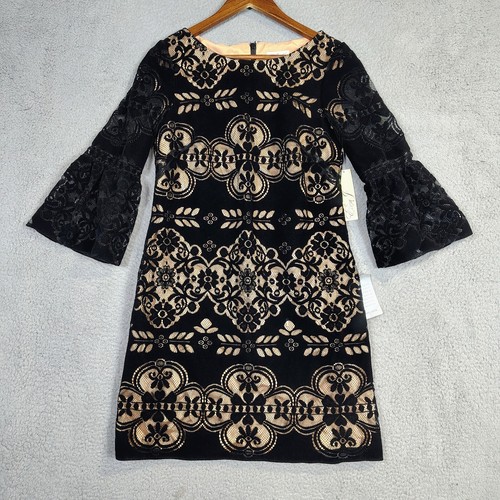 Eliza J Dress Women's 6 Black Floral Velvet Lace Bell Sleeve Party Cocktail NWT
