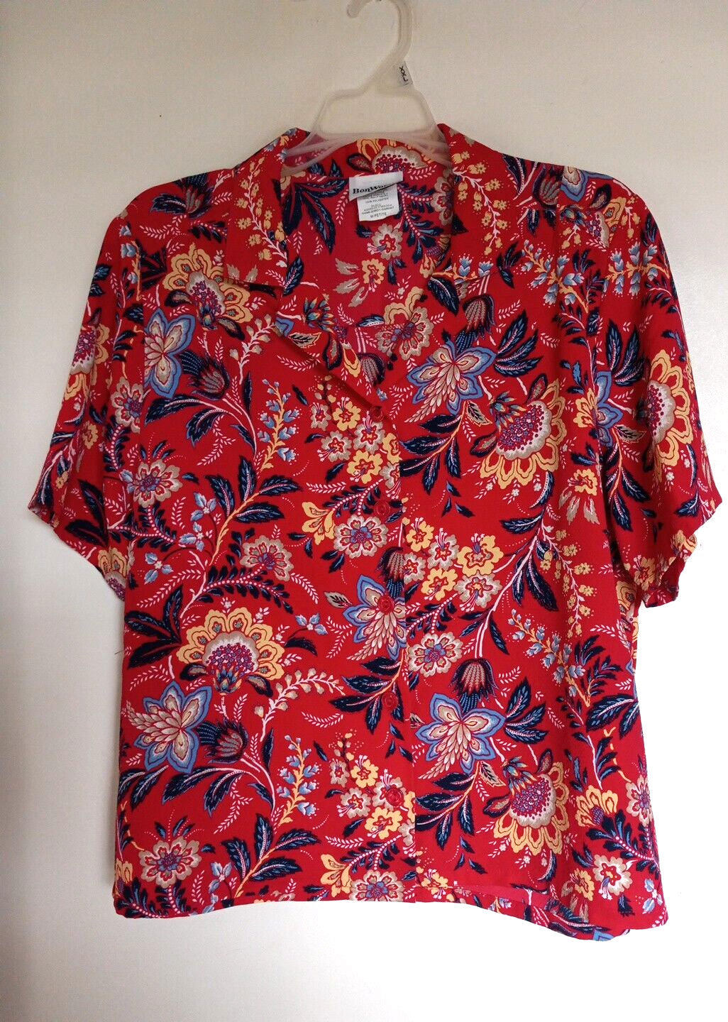 BonWorth Women’s Red Floral Short Sleeve Button Up Shirt MP