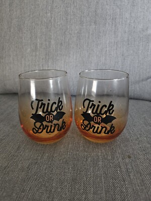 NEW! TRICK OR DRINK, 13oz Bat Wing Orange Ombre Stemless Wine Glasses Set  of 2 | eBay