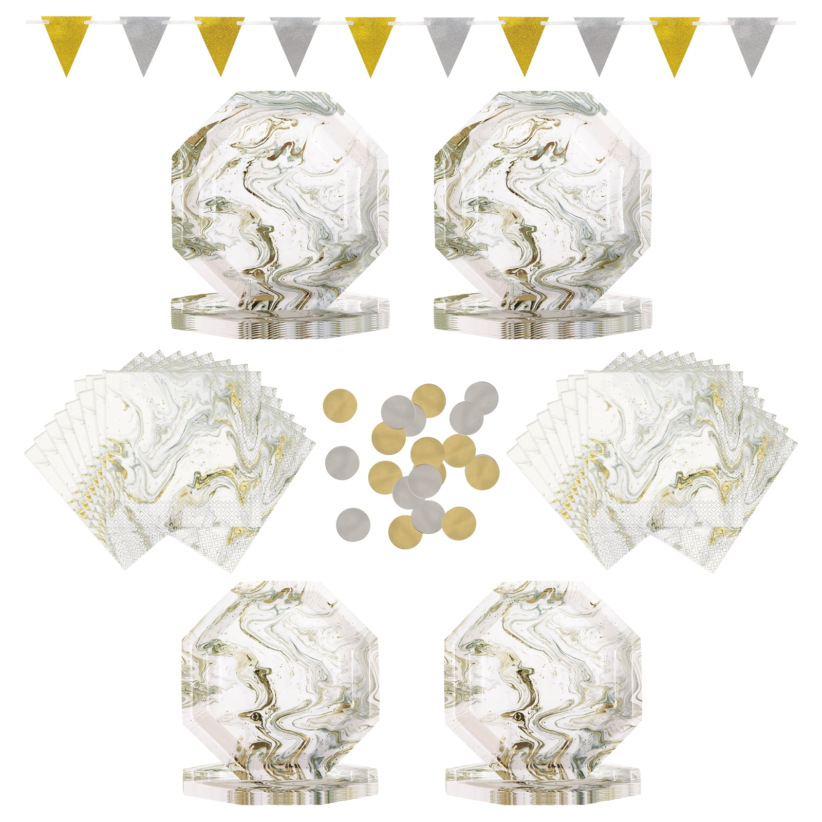 Celebrate! Gold & Silver Marble Party Tableware and Decoration Kit for 16 Guests