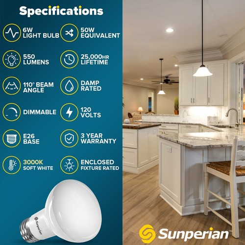 Sunperian 6 Pack BR20 LED Flood Bulb 6W 3000K Soft White 550lm Dimmable E26 - Picture 7 of 7