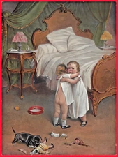 c1898 Chromolitho - TABER PRANG ART ~ FIRST REAL SORROW ~ Dog Destroys Doll