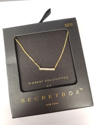 Secret Box 14k Gold Dip CZ Bar Necklace 16.5'' + 2'' EXT