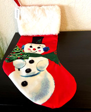 Transpac Fabric Snowman With Christmas Tree RED Printed Stocking 20" NEW TAG
