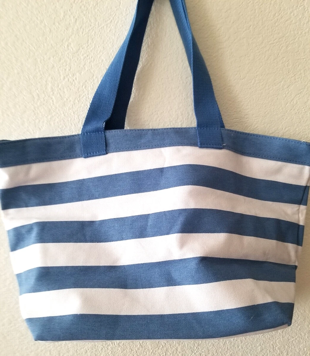 Blue and white online striped beach bag