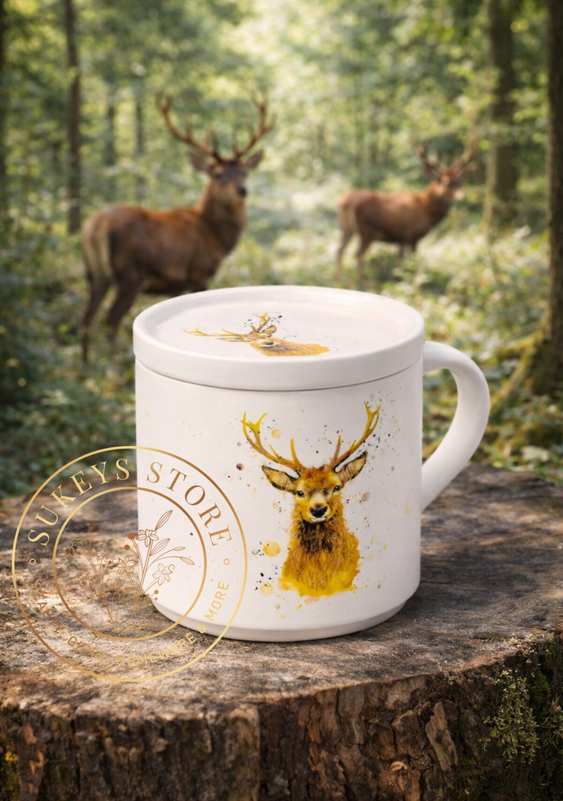 Jan Pashley Stag Porcelain Mug & Coaster Lid Set 420ml Tea Coffee Gift Boxed