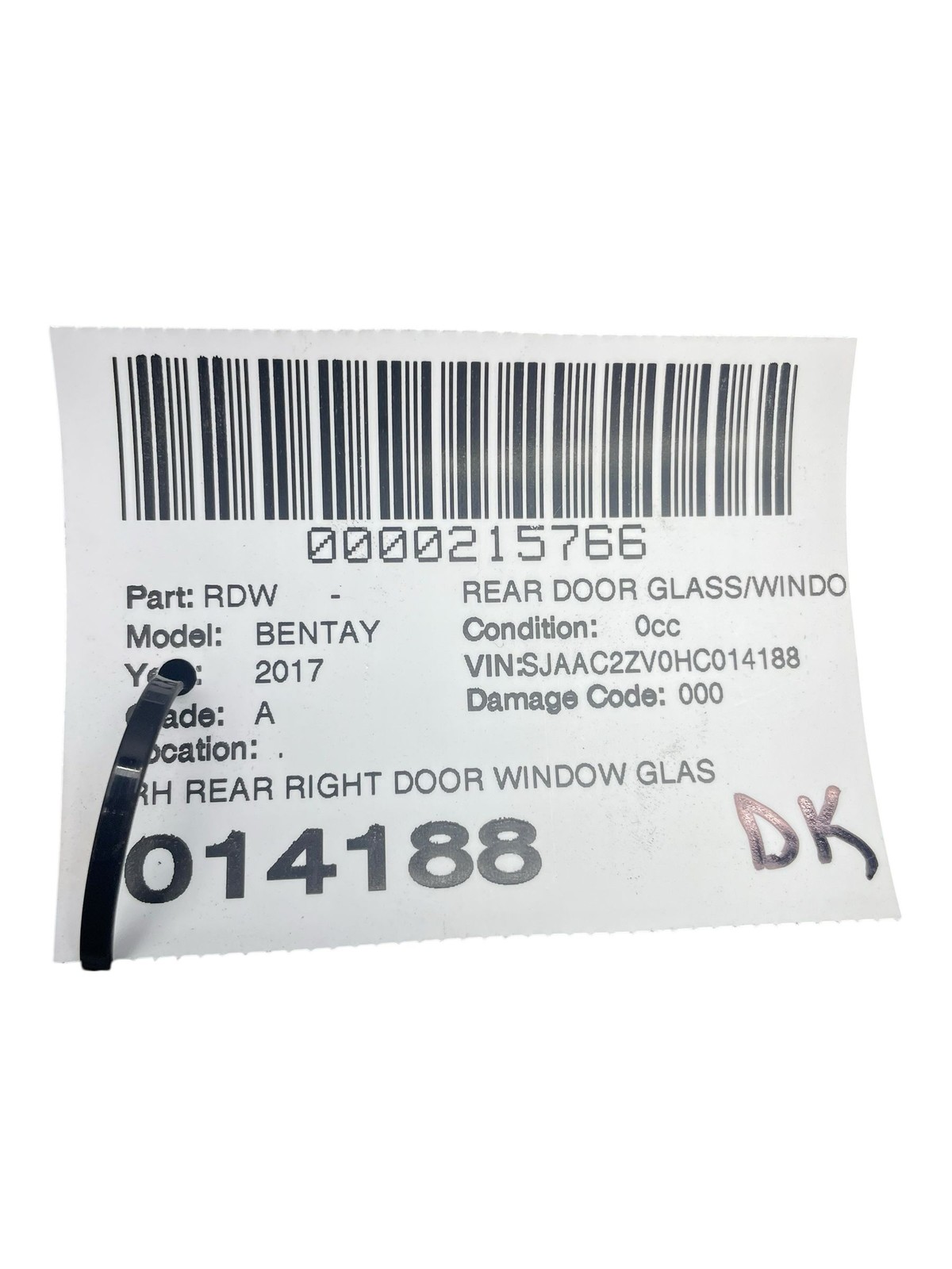 2015-2020 BENTLEY BENTAYGA OEM RH REAR RIGHT DOOR WINDOW GLASS