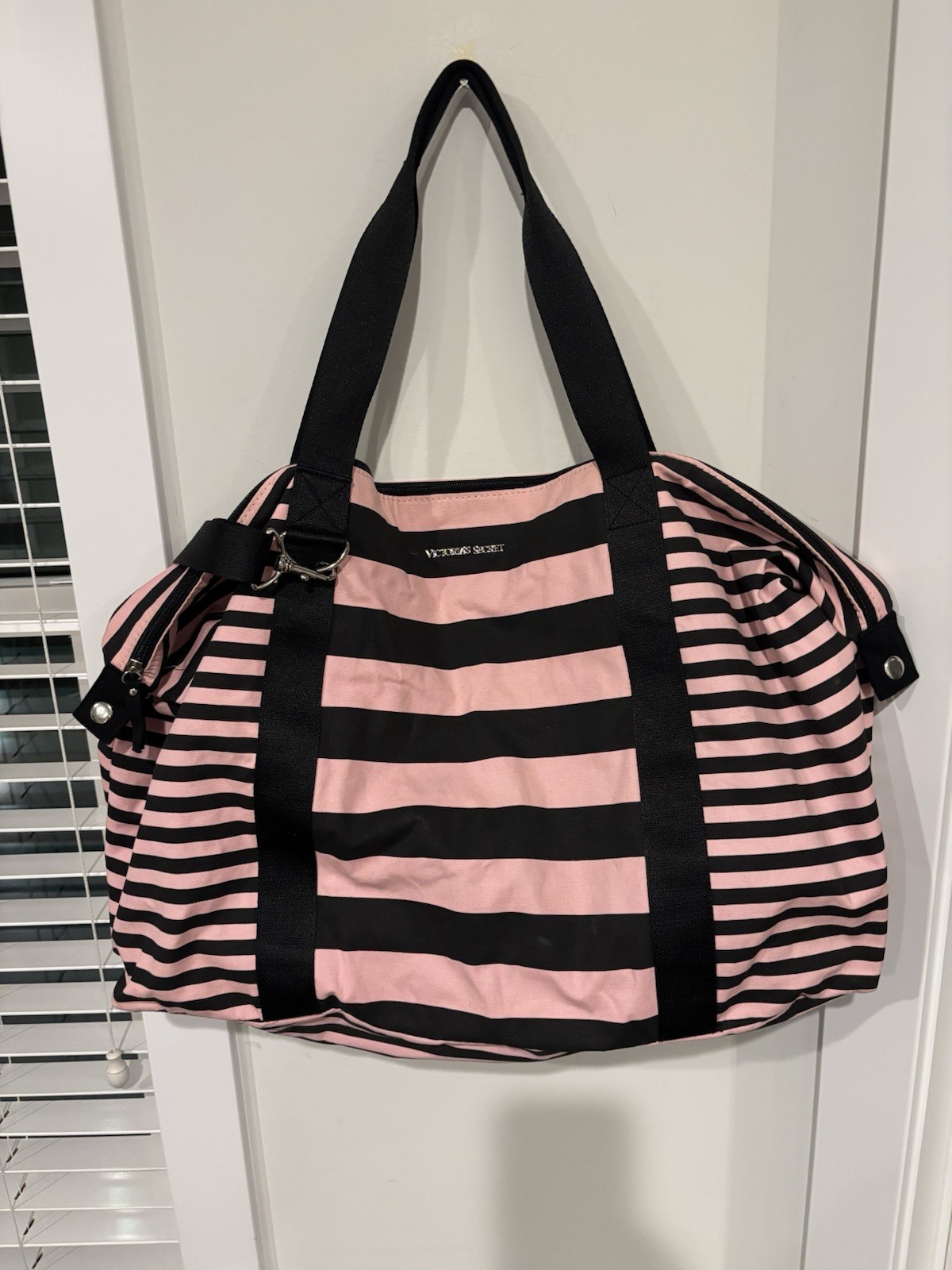 Victoria’s Secret Black and Pink Striped Duffel Bag with Adjustable Shoulder Strap