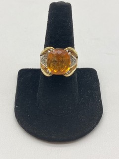 13K Gold Citrine & Diamond Ring Oval Cut Size 8.5 9.9g Elegant Fine Jewelry