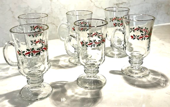 Винтажный Кружки на ножках Anchor Hocking Holly & Ribbon, набор из 6, золотой ободок - Изображение 2 из 4