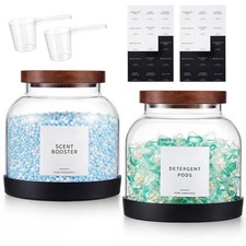 2 Pack Glass Laundry Pods Container with 30 Labels, Scoops, Non Slip Base, Wo...