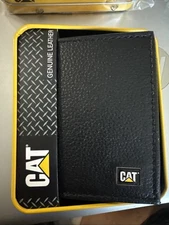 CAT Caterpillar Men's Leather Bifold Wallet With Enamel Logo RFID Shield, Black